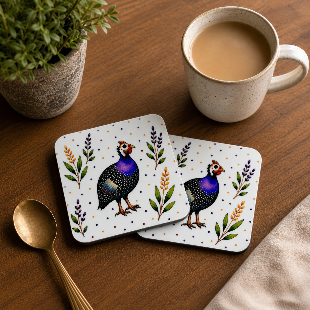 Guinea Fowl Floral Coaster – Glossy Decorative Drink Mat
