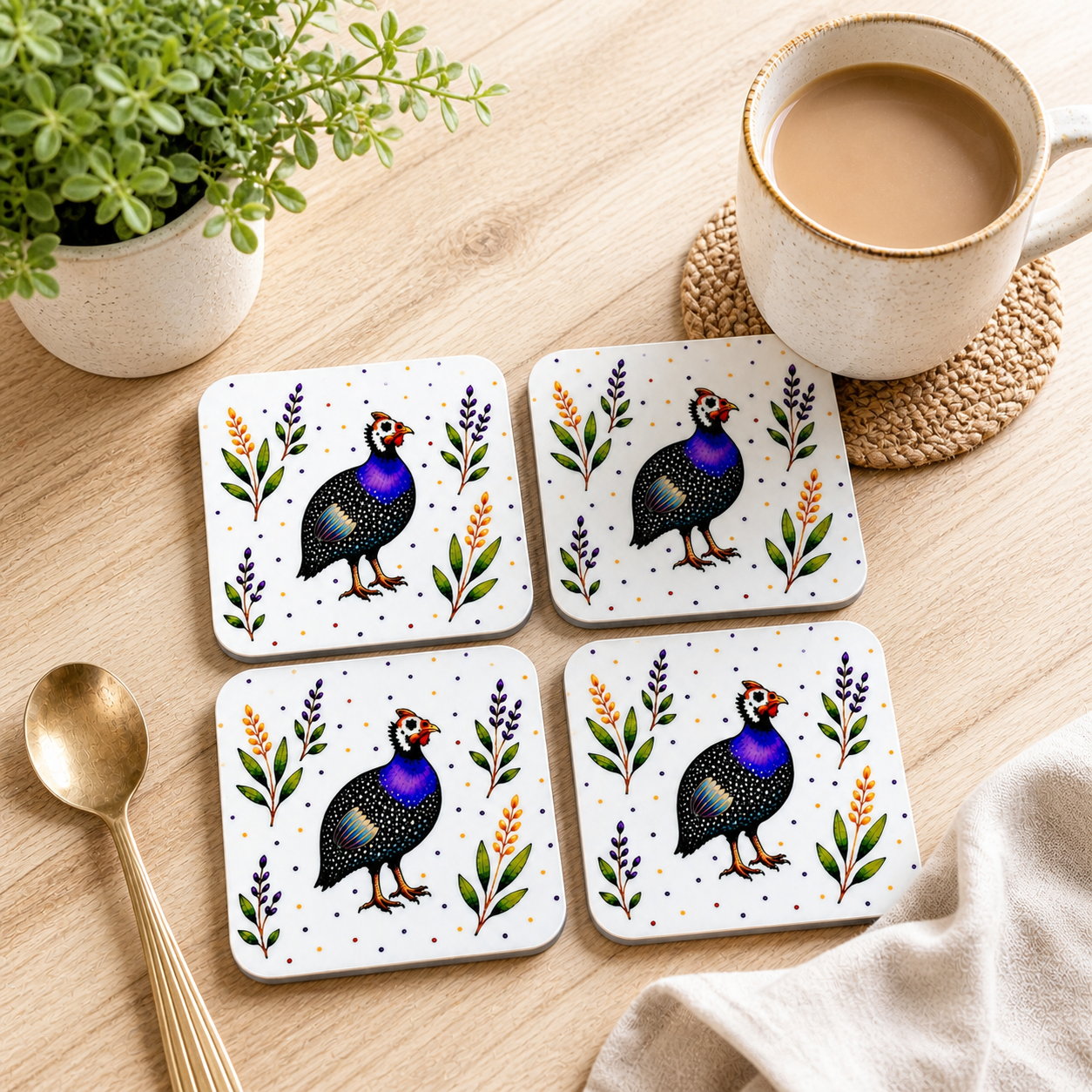 Guinea Fowl Floral Coaster – Glossy Decorative Drink Mat