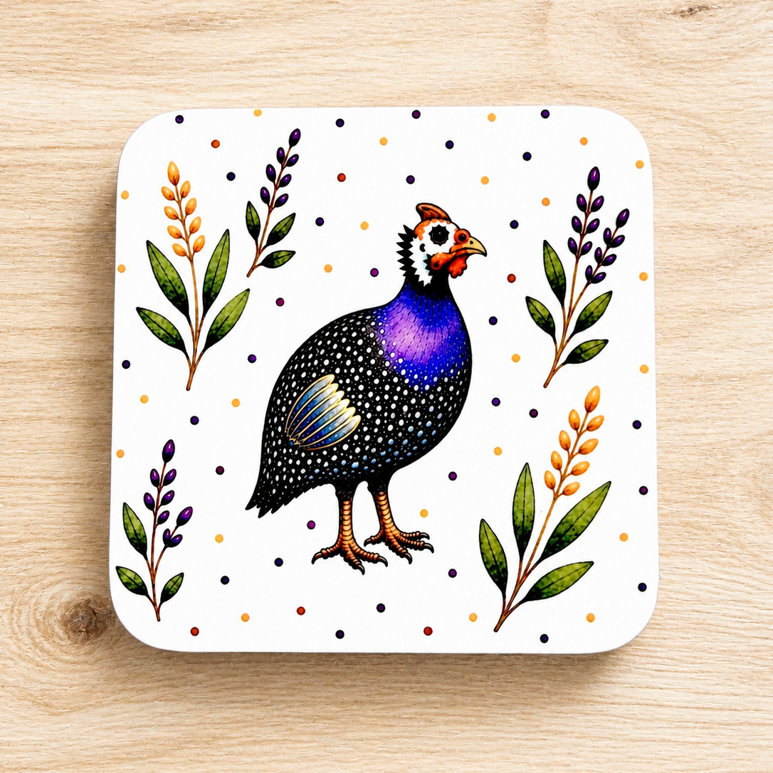 Guinea Fowl Floral Coaster – Glossy Decorative Drink Mat