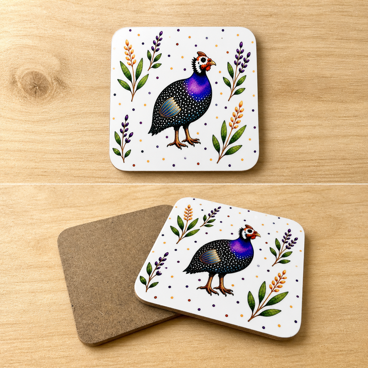 Guinea Fowl Floral Coaster – Glossy Decorative Drink Mat