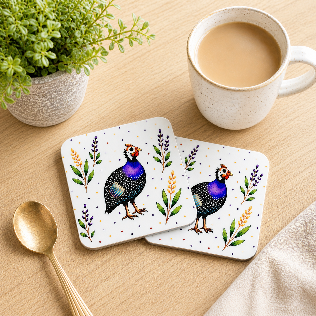 Guinea Fowl Floral Coaster – Glossy Decorative Drink Mat