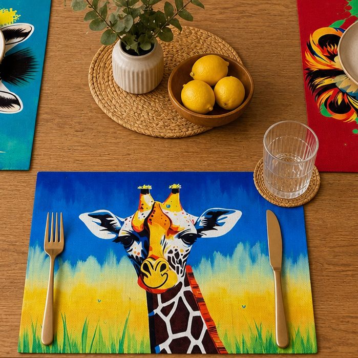 African Safari Linen Placemats – Set of 4 | Vibrant Animal Art Table Decor | Zebra, Lion, Giraffe, Elephant