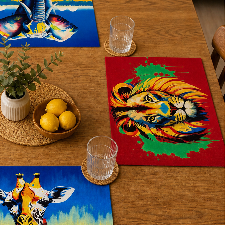 African Safari Linen Placemats – Set of 4 | Vibrant Animal Art Table Decor | Zebra, Lion, Giraffe, Elephant