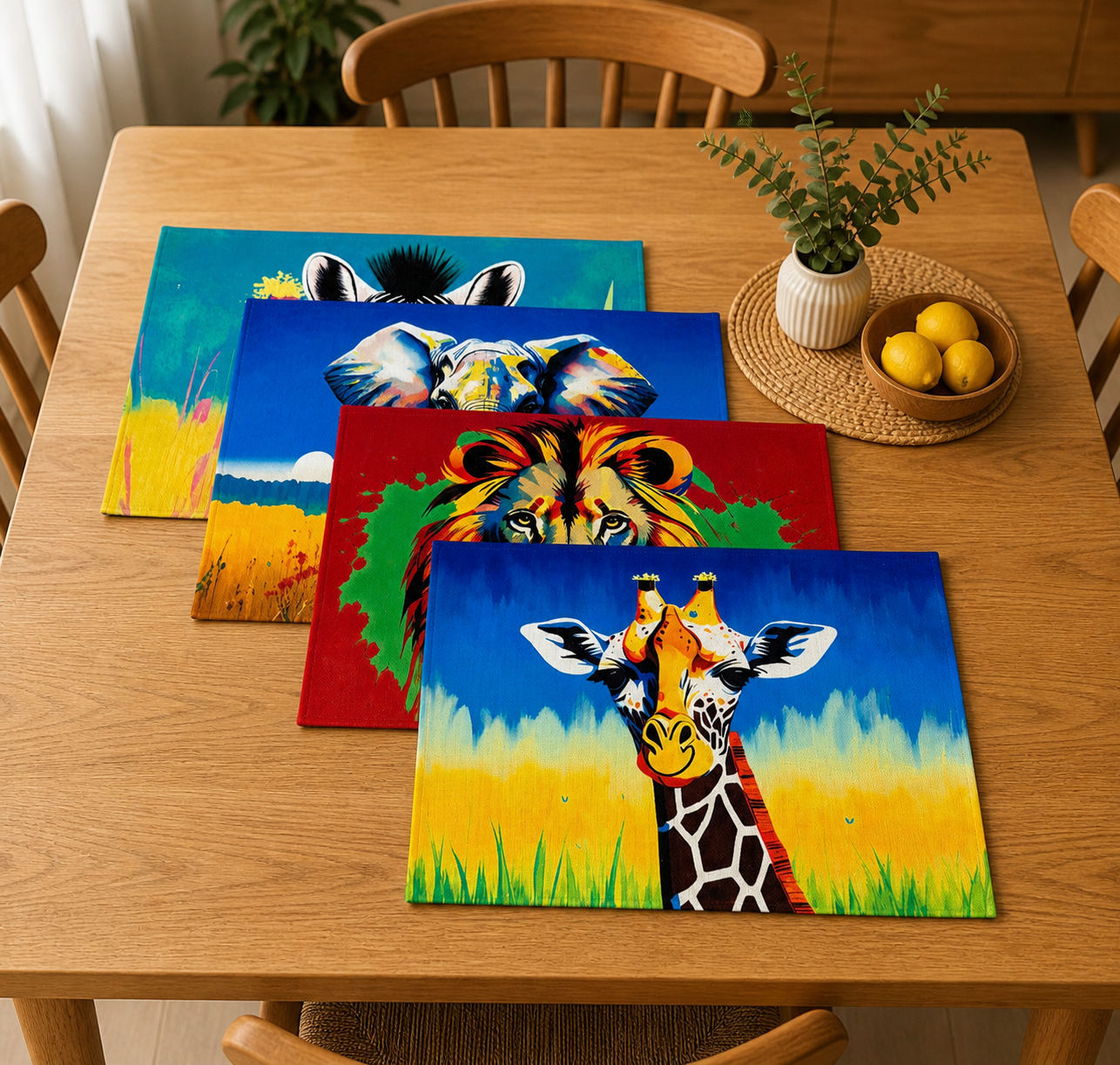 African Safari Linen Placemats – Set of 4 | Vibrant Animal Art Table Decor | Zebra, Lion, Giraffe, Elephant
