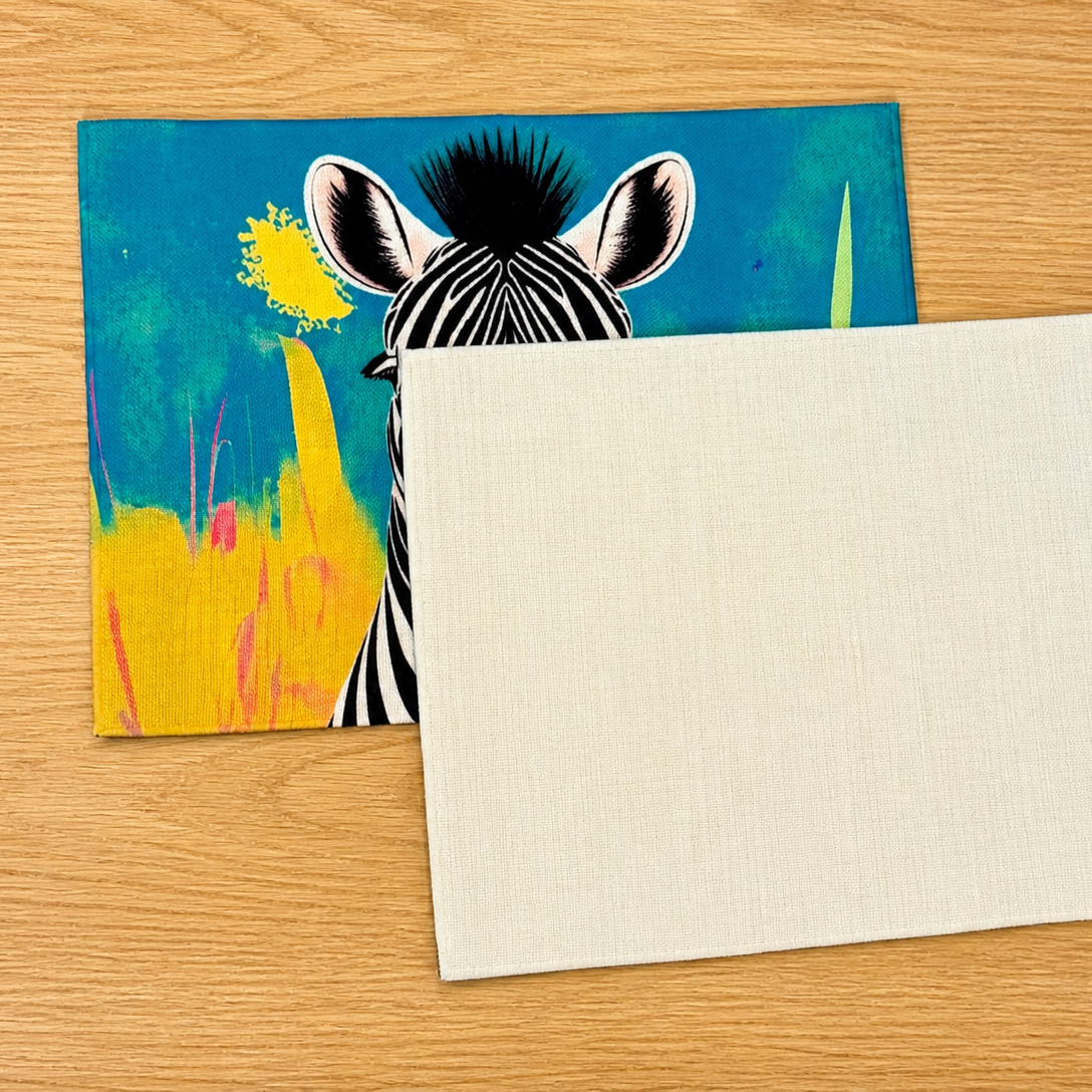 African Safari Linen Placemats – Set of 4 | Vibrant Animal Art Table Decor | Zebra, Lion, Giraffe, Elephant