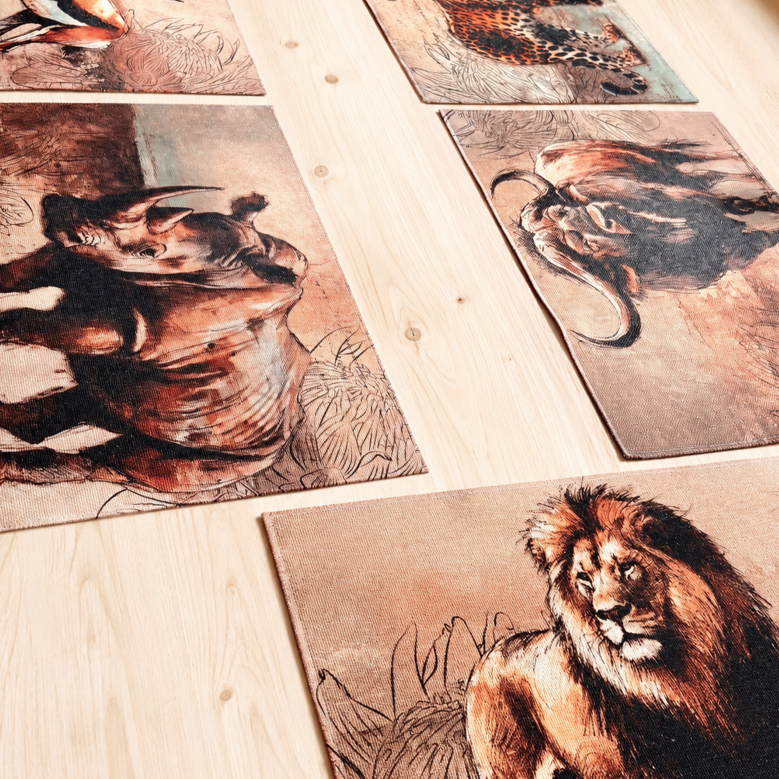 African Safari Linen Placemats Set Individual Rustic Wildlife Table Mats Lion Elephant Rhino Leopard Buffalo Antelope Springbok Animal Table Decor