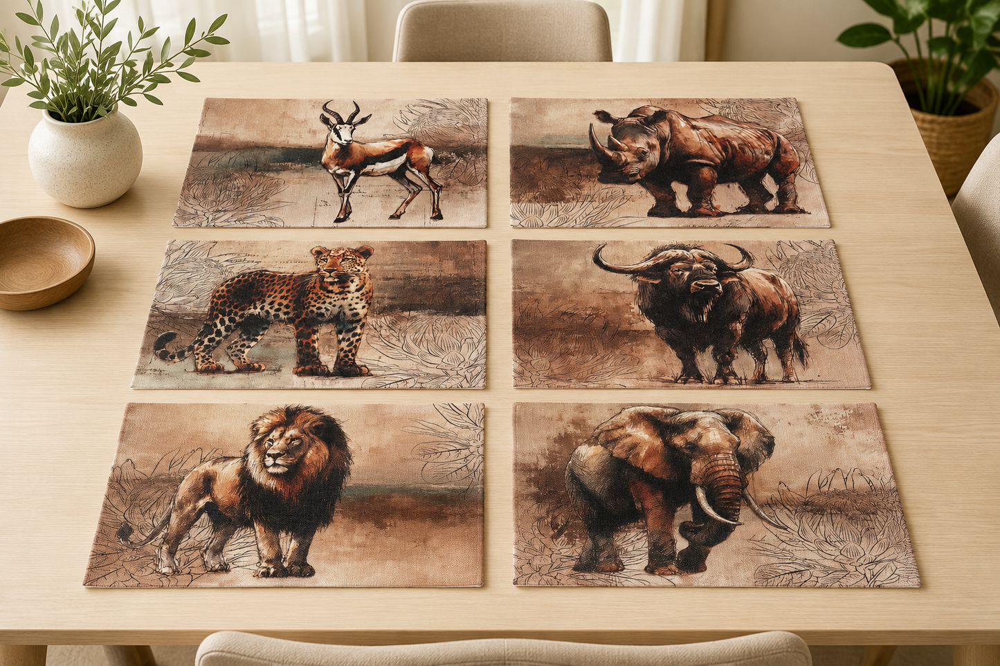 African Safari Linen Placemats Set Individual Rustic Wildlife Table Mats Lion Elephant Rhino Leopard Buffalo Antelope Springbok Animal Table Decor