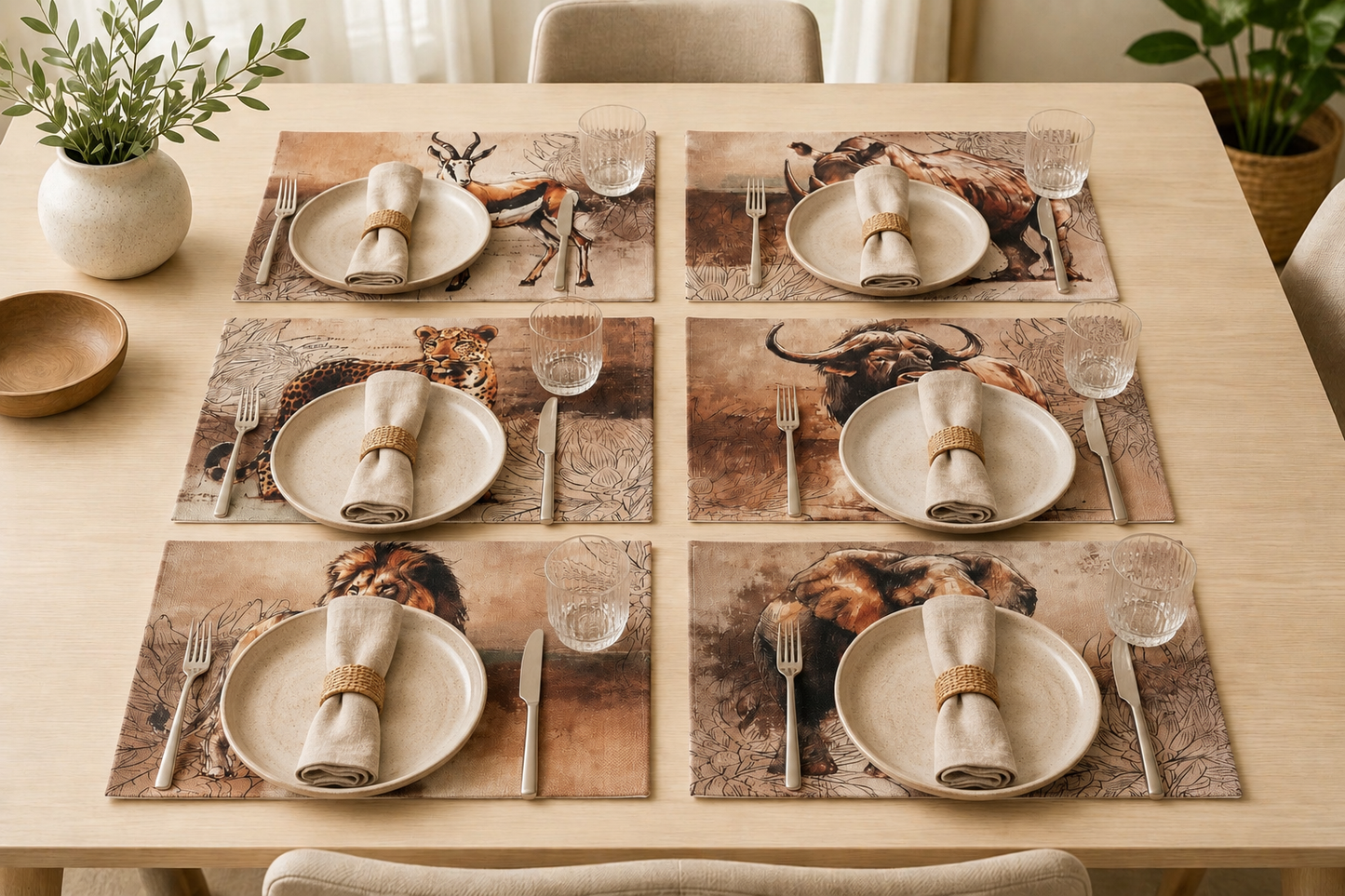 African Safari Linen Placemats Set Individual Rustic Wildlife Table Mats Lion Elephant Rhino Leopard Buffalo Antelope Springbok Animal Table Decor