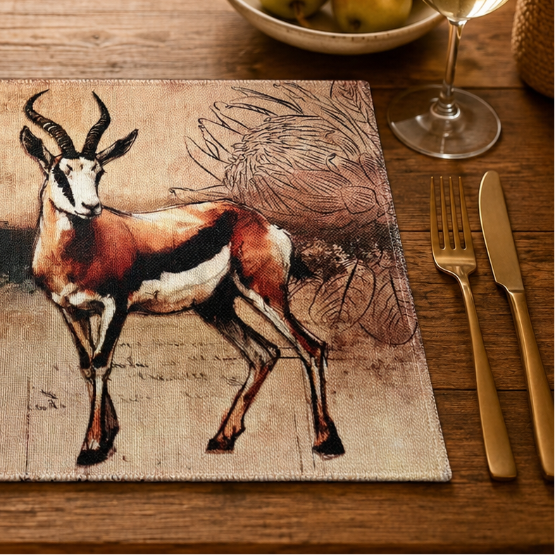 African Safari Linen Placemats Set Individual Rustic Wildlife Table Mats Lion Elephant Rhino Leopard Buffalo Antelope Springbok Animal Table Decor