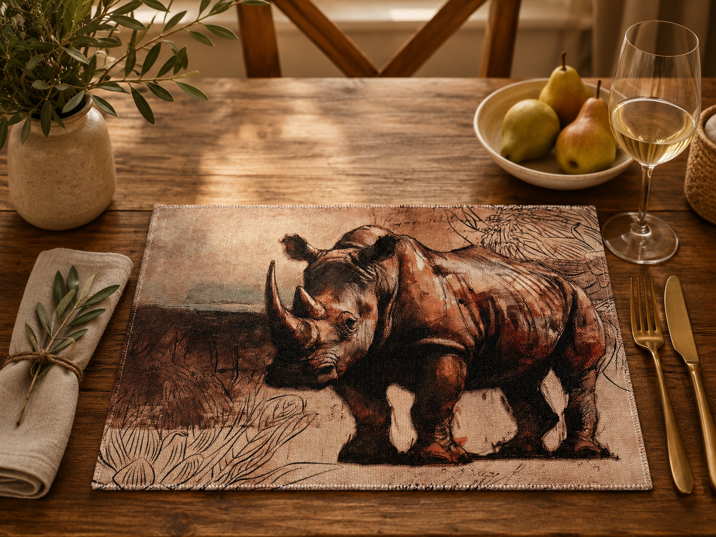 African Safari Linen Placemats Set Individual Rustic Wildlife Table Mats Lion Elephant Rhino Leopard Buffalo Antelope Springbok Animal Table Decor