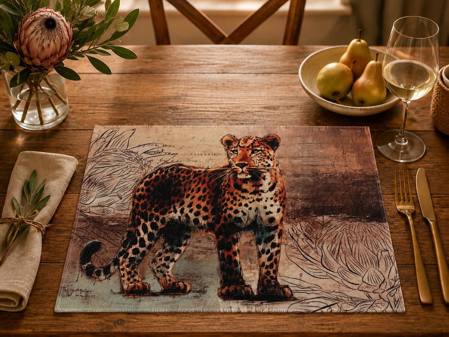 African Safari Linen Placemats Set Individual Rustic Wildlife Table Mats Lion Elephant Rhino Leopard Buffalo Antelope Springbok Animal Table Decor