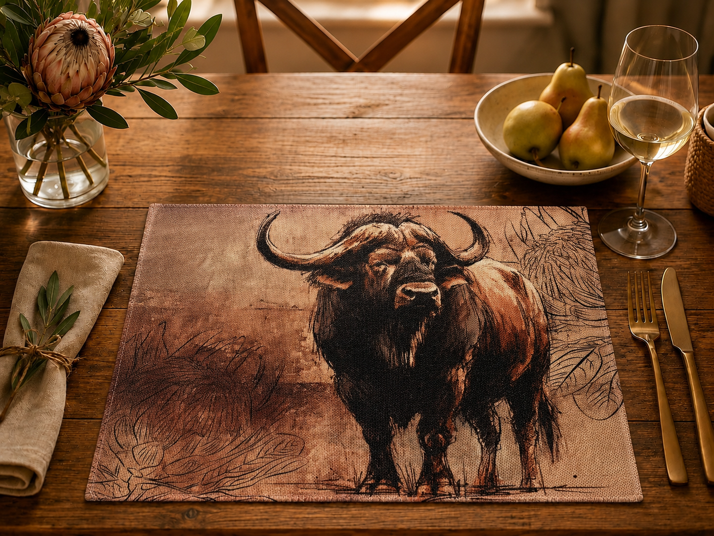 African Safari Linen Placemats Set Individual Rustic Wildlife Table Mats Lion Elephant Rhino Leopard Buffalo Antelope Springbok Animal Table Decor