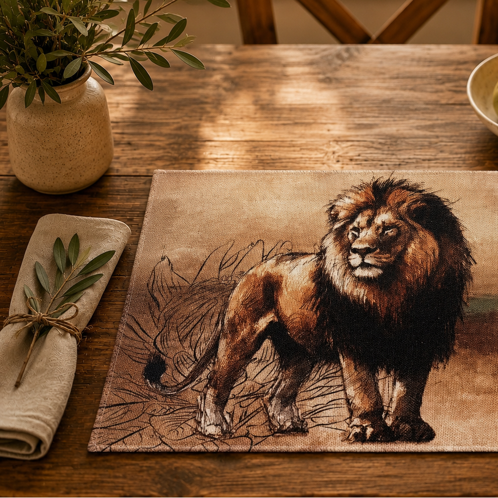 African Safari Linen Placemats Set Individual Rustic Wildlife Table Mats Lion Elephant Rhino Leopard Buffalo Antelope Springbok Animal Table Decor