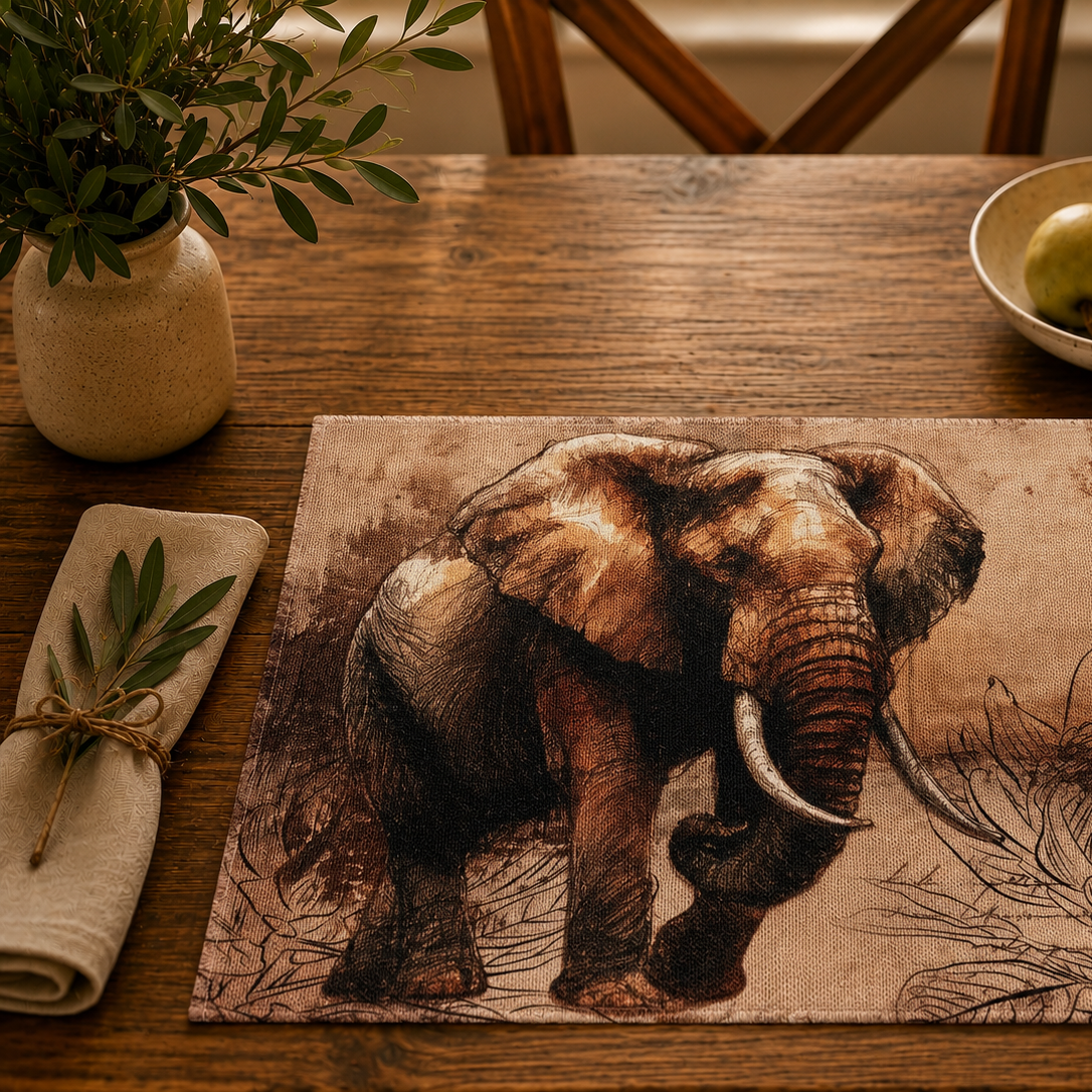 African Safari Linen Placemats Set Individual Rustic Wildlife Table Mats Lion Elephant Rhino Leopard Buffalo Antelope Springbok Animal Table Decor