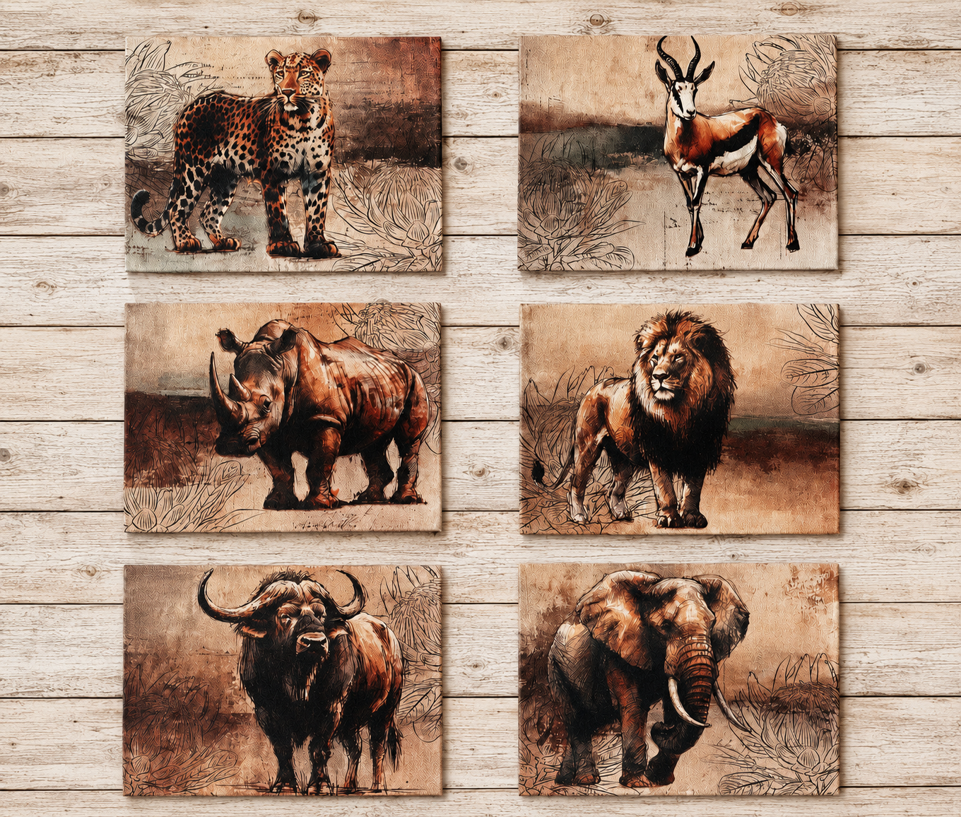 African Safari Linen Placemats Set Individual Rustic Wildlife Table Mats Lion Elephant Rhino Leopard Buffalo Antelope Springbok Animal Table Decor