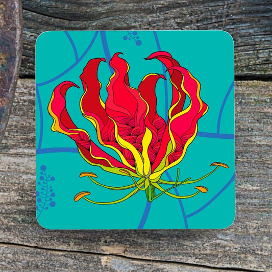 Coaster Flame Lily Gloriosa Superba  Zimbabwe South Africa flower Botanical Gift Home decoration Table Mat Individual/Set