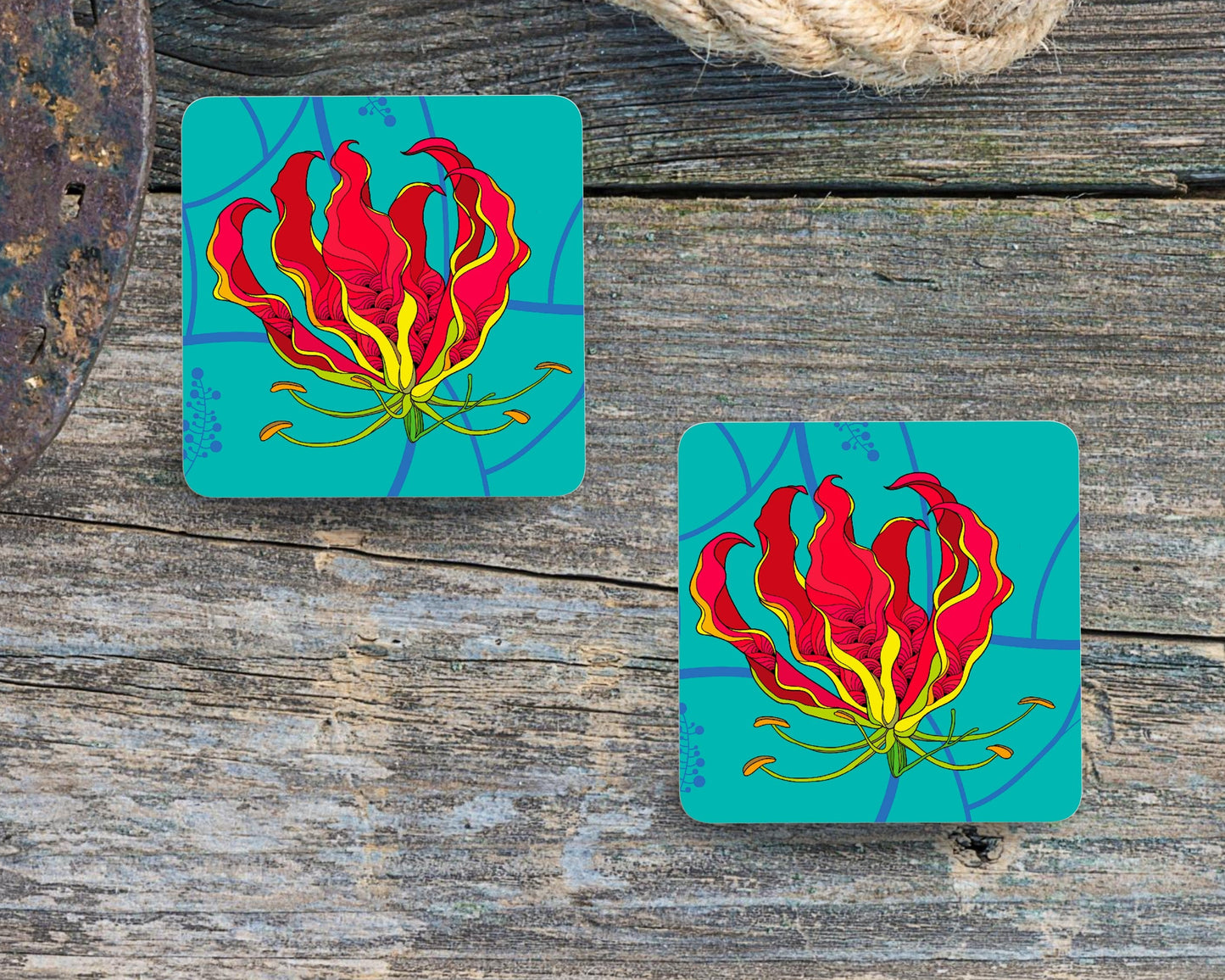 Coaster Flame Lily Gloriosa Superba  Zimbabwe South Africa flower Botanical Gift Home decoration Table Mat Individual/Set