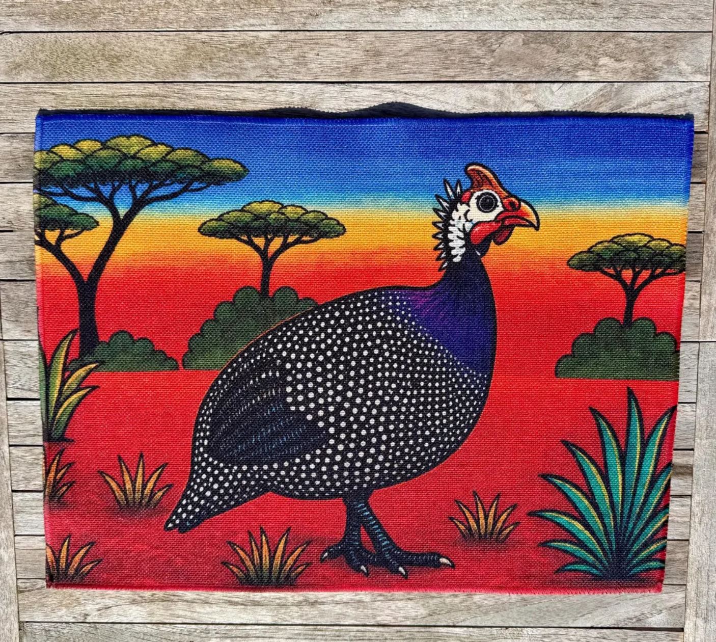 South African Guinea Fowl Linen Placemat – Vibrant Safari Sunset Table Decor | African Wildlife Kitchen Dining Mat | Unique Gift for Nature Lover