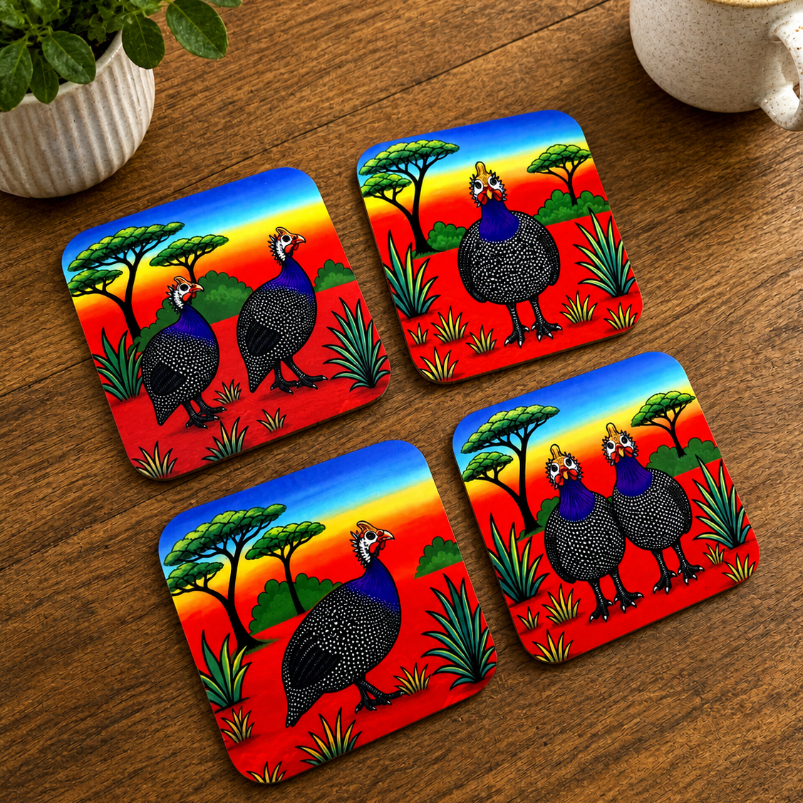 Colorful Guinea Fowl Coaster Set – Vibrant South African Safari-Inspired Home Decor Set of 4 - optional display stand