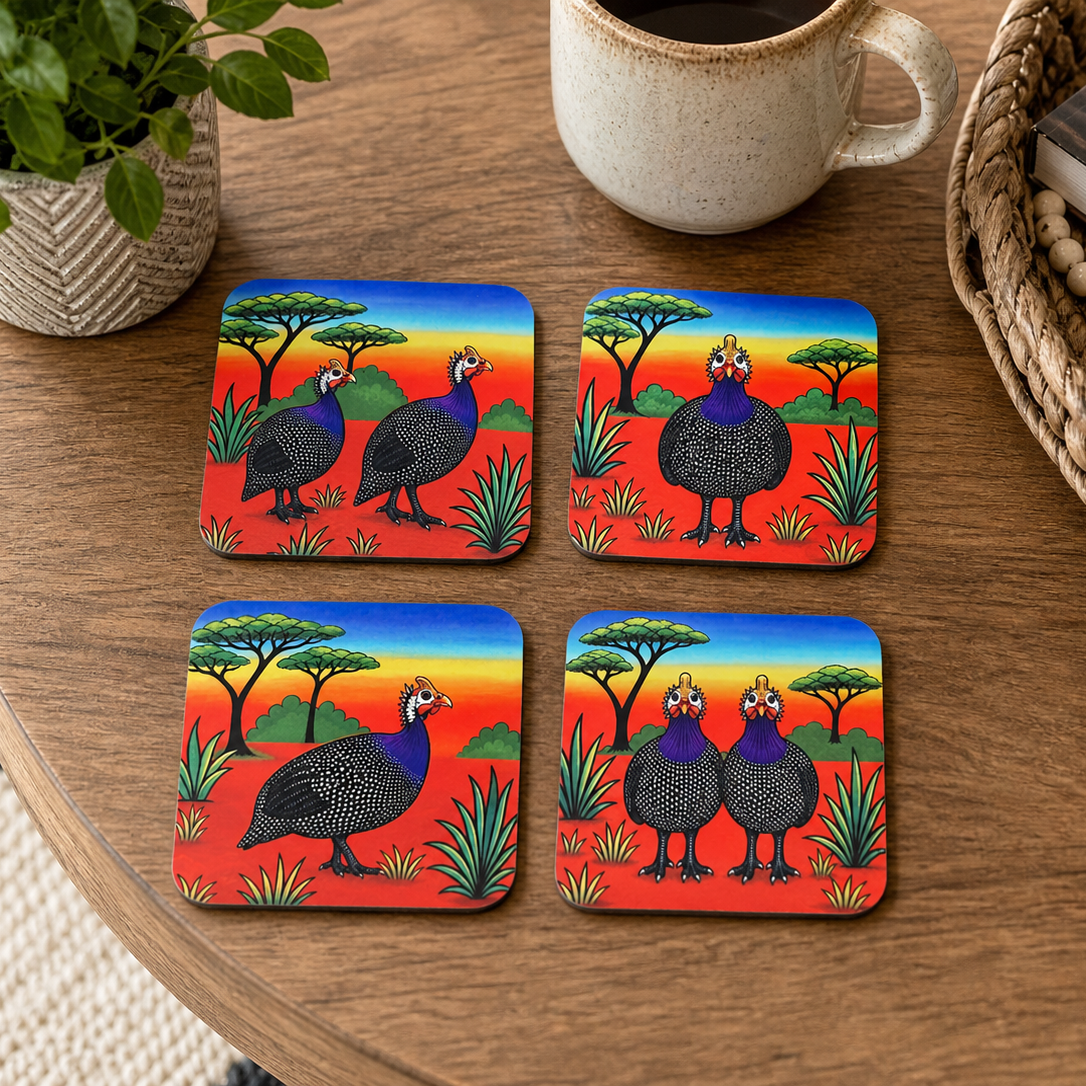 Colorful Guinea Fowl Coaster Set – Vibrant South African Safari-Inspired Home Decor Set of 4 - optional display stand