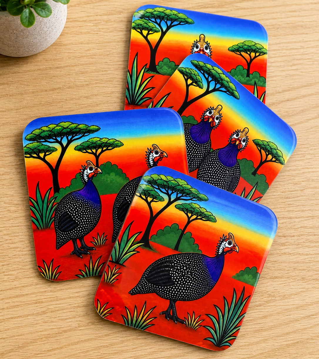 Colorful Guinea Fowl Coaster Set – Vibrant South African Safari-Inspired Home Decor Set of 4 - optional display stand