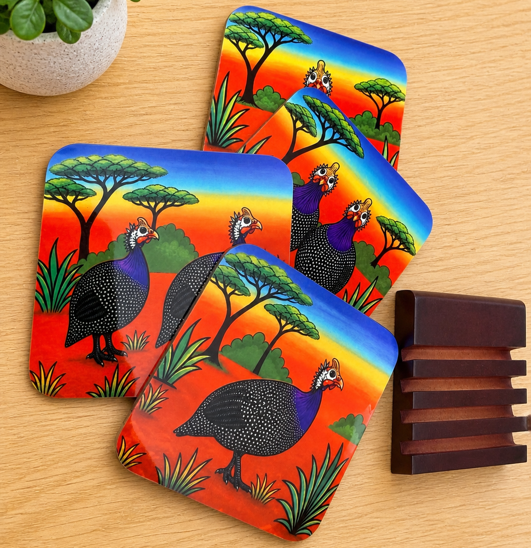 Colorful Guinea Fowl Coaster Set – Vibrant South African Safari-Inspired Home Decor Set of 4 - optional display stand