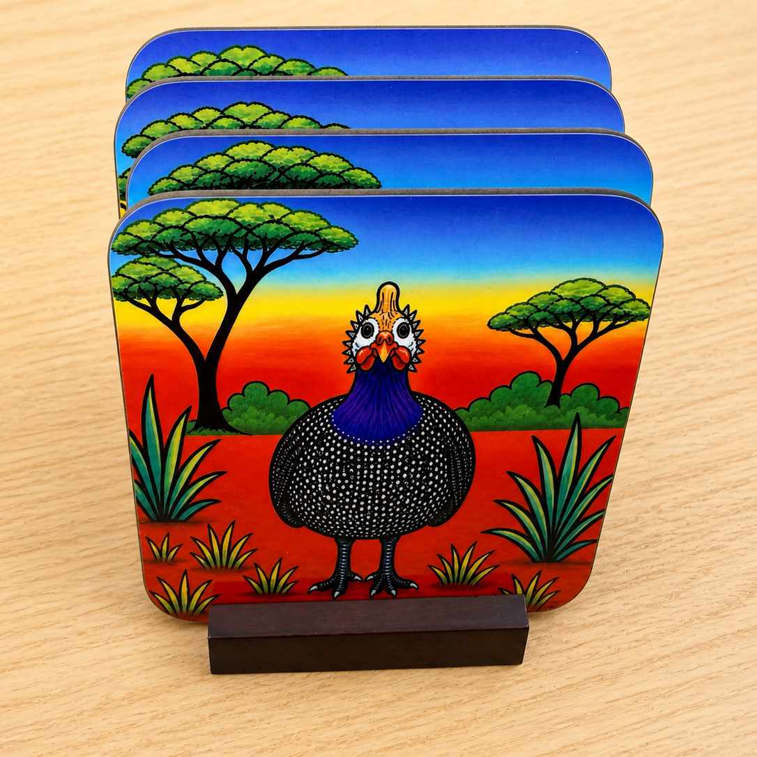 Colorful Guinea Fowl Coaster Set – Vibrant South African Safari-Inspired Home Decor Set of 4 - optional display stand