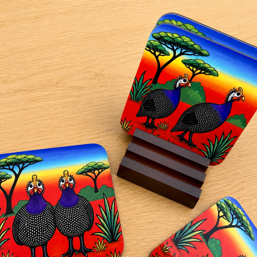 Colorful Guinea Fowl Coaster Set – Vibrant South African Safari-Inspired Home Decor Set of 4 - optional display stand