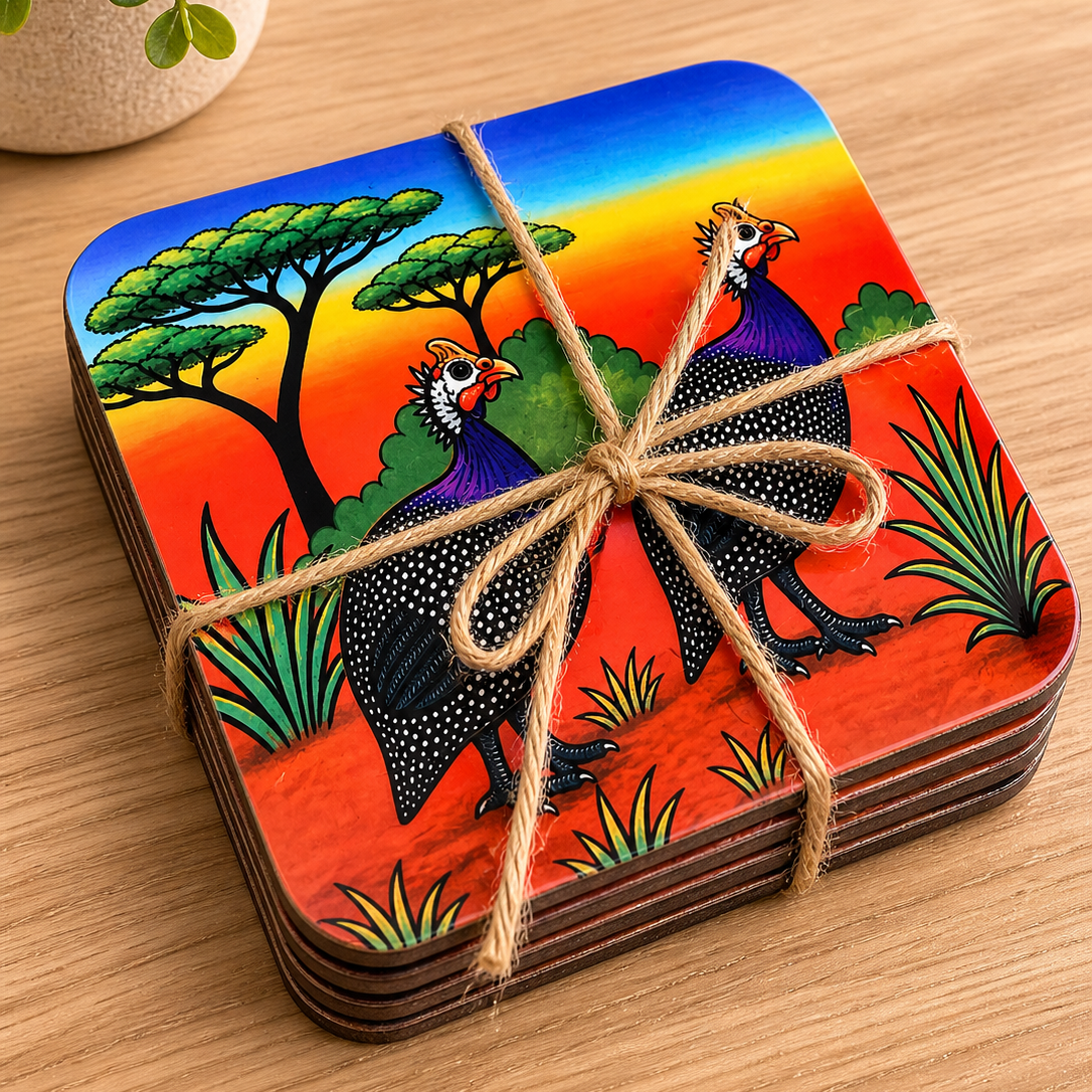 Colorful Guinea Fowl Coaster Set – Vibrant South African Safari-Inspired Home Decor Set of 4 - optional display stand