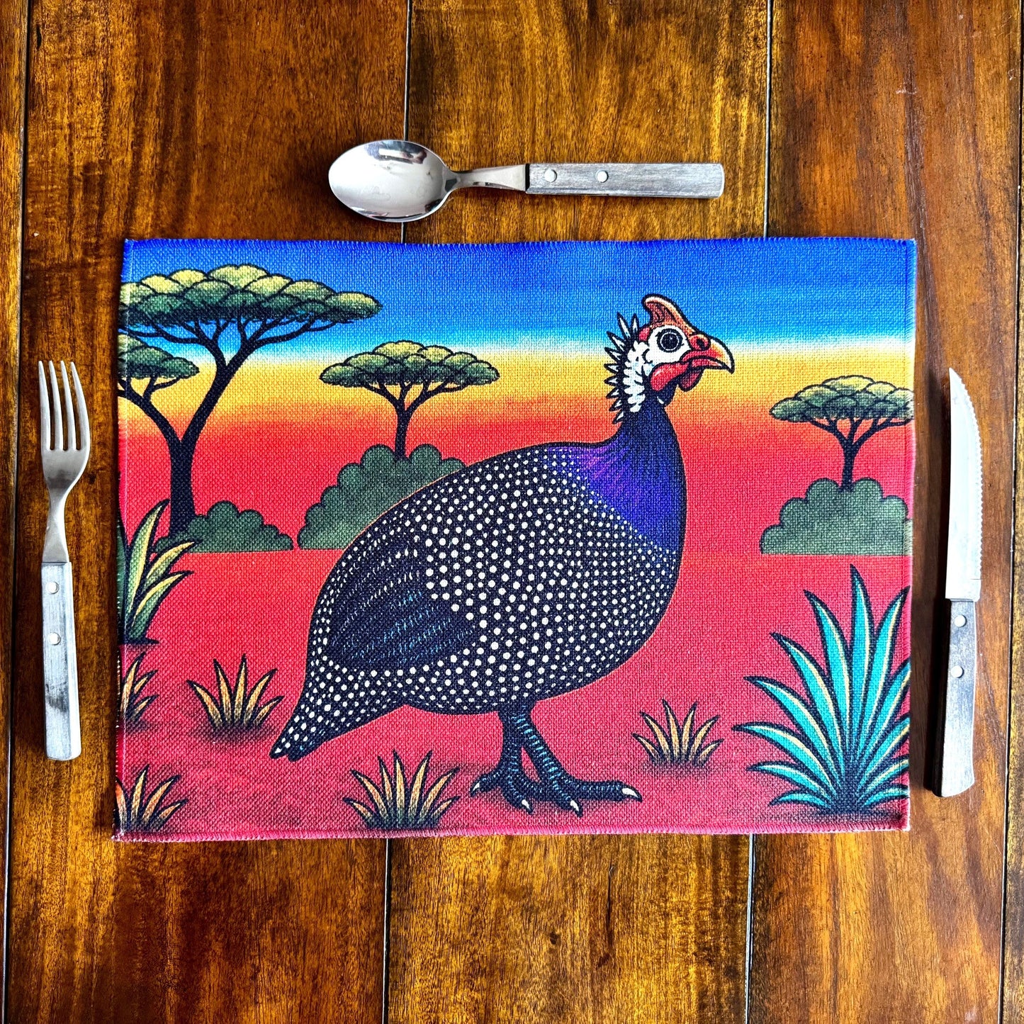 South African Guinea Fowl Linen Placemat – Vibrant Safari Sunset Table Decor | African Wildlife Kitchen Dining Mat | Unique Gift for Nature Lover