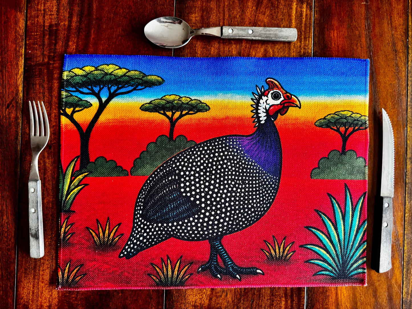 South African Guinea Fowl Linen Placemat – Vibrant Safari Sunset Table Decor | African Wildlife Kitchen Dining Mat | Unique Gift for Nature Lover