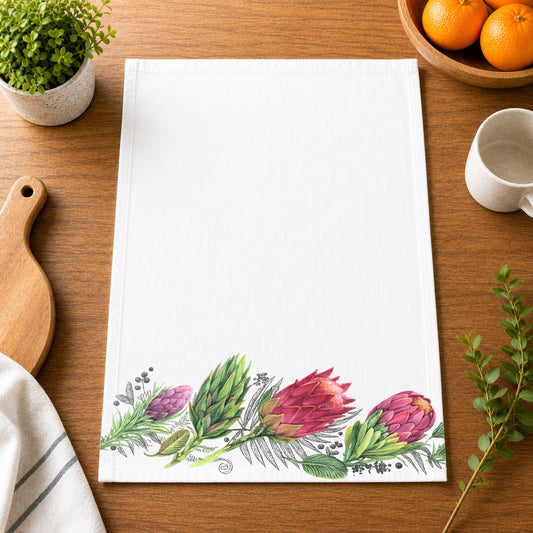 Kitchen Tea bar hand towel Protea South African flowers vintage floral housewarming bridal shower gift