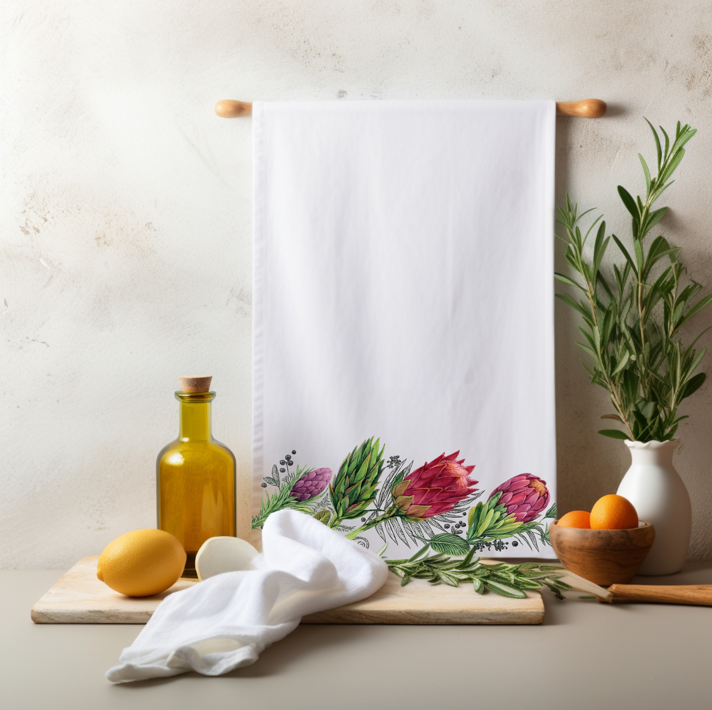 Kitchen Tea bar hand towel Protea South African flowers vintage floral housewarming bridal shower gift