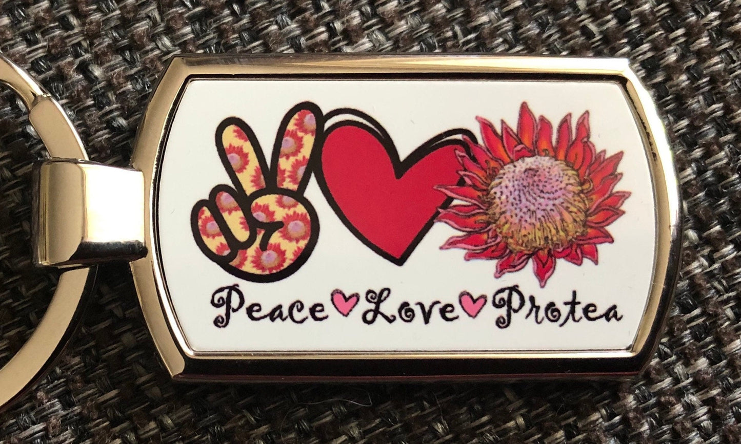 Peace Love Africa / Protea keyring key tag. Africa gift. Protea gift.