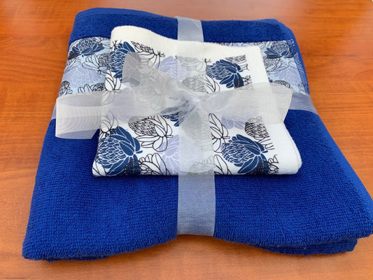 Blue Protea flannel and 100% cotton hand towel, with special sea-kelp soap gift set