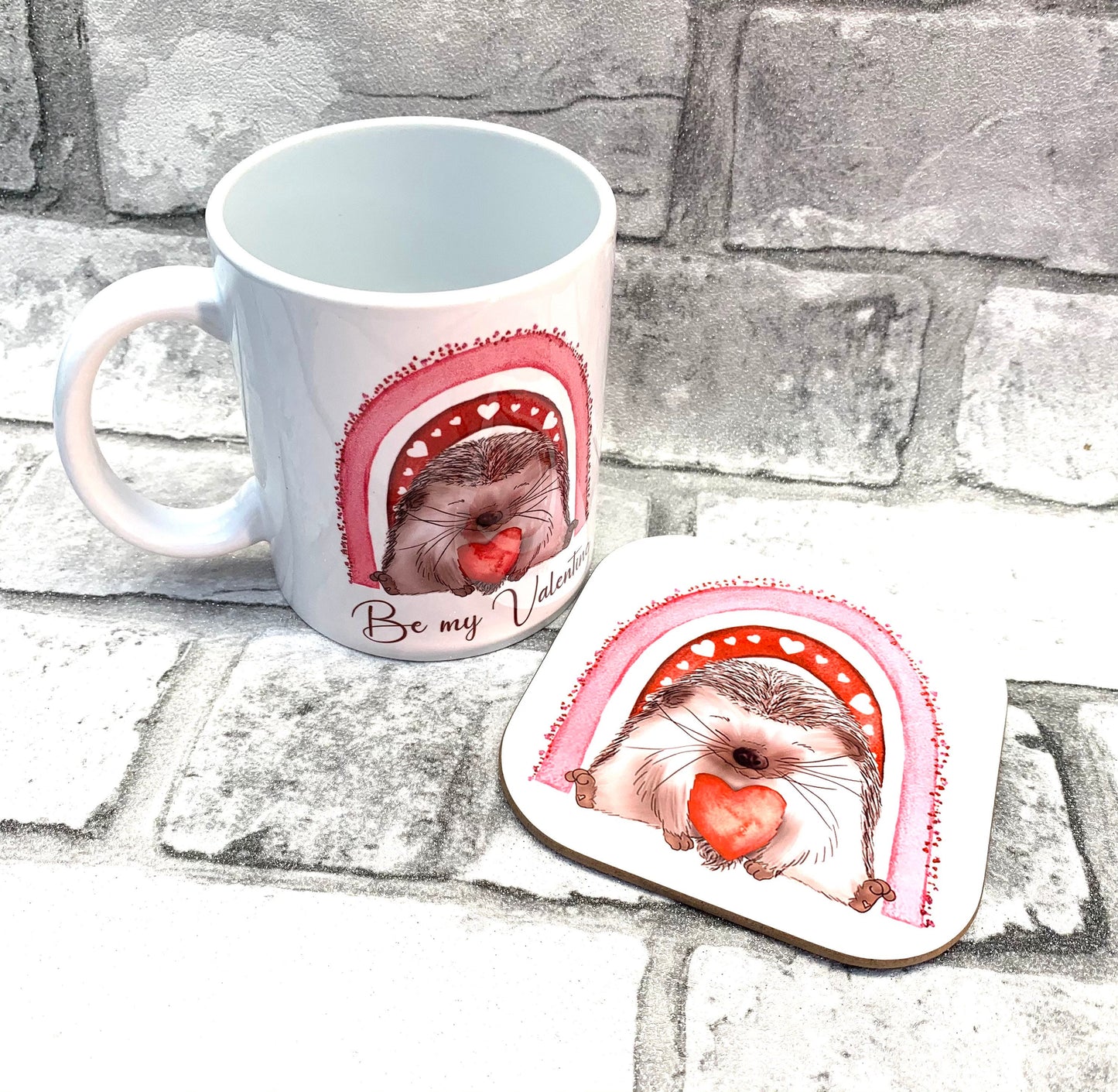 Cute Hedgehog 'Be my Valentine' mug and coaster set