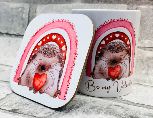 Cute Hedgehog 'Be my Valentine' mug and coaster set
