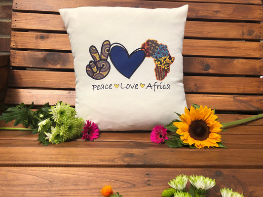 Cushion cover with a unique “Peace Love Africa” design. Plush white deluxe 'soft feel' scatter cushion. ( 40x40cm )