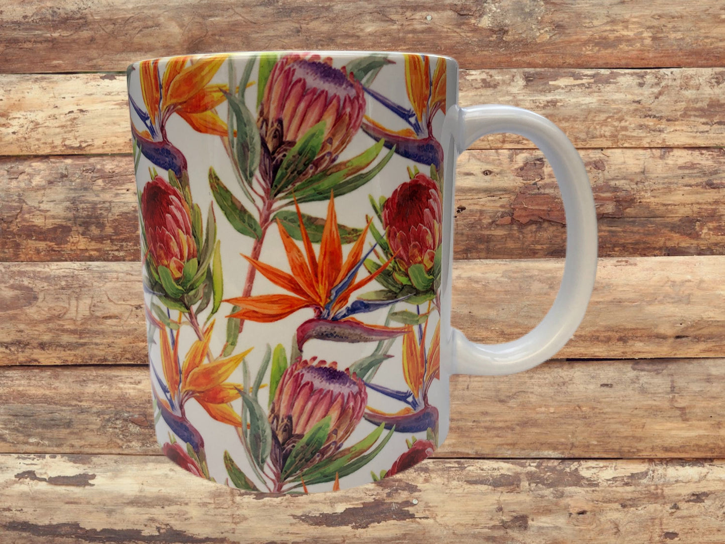 Protea and Strelitzia ( Bird of Paradise Flower ) 11oz mug. South African  flowers Bright and colourful.