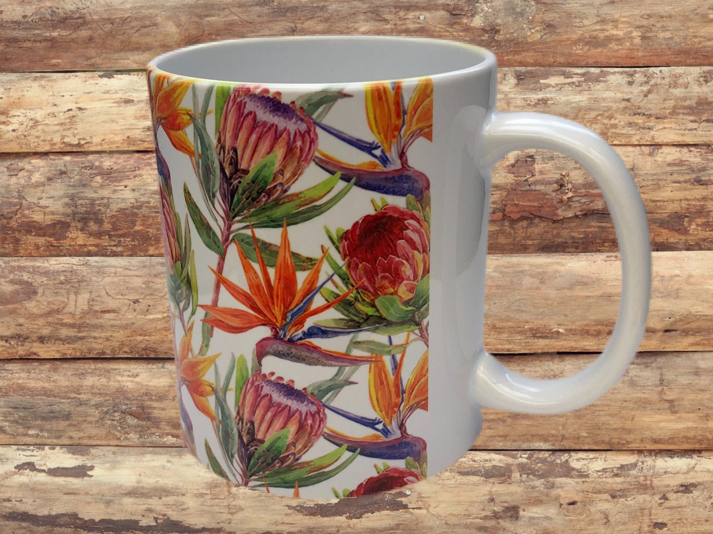 Protea and Strelitzia ( Bird of Paradise Flower ) 11oz mug. South African  flowers Bright and colourful.