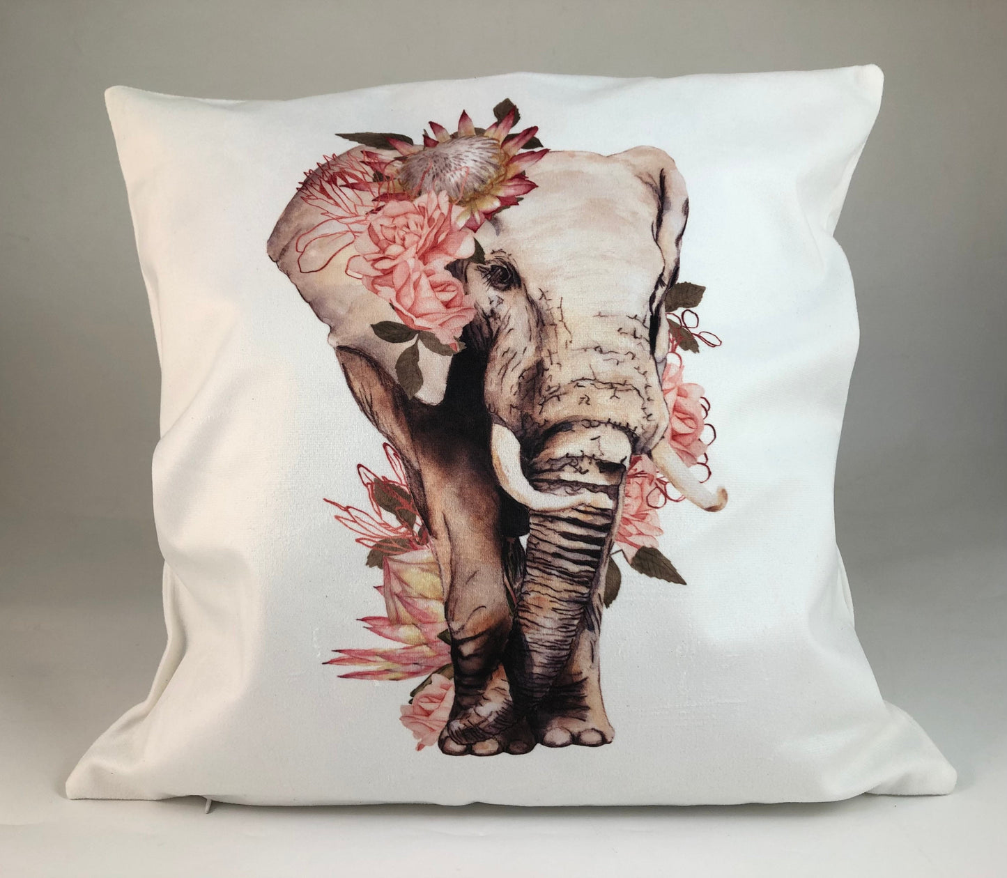 Elephant plush white deluxe scatter cushion. Soft feel plush cushion. African elephant with proteas.