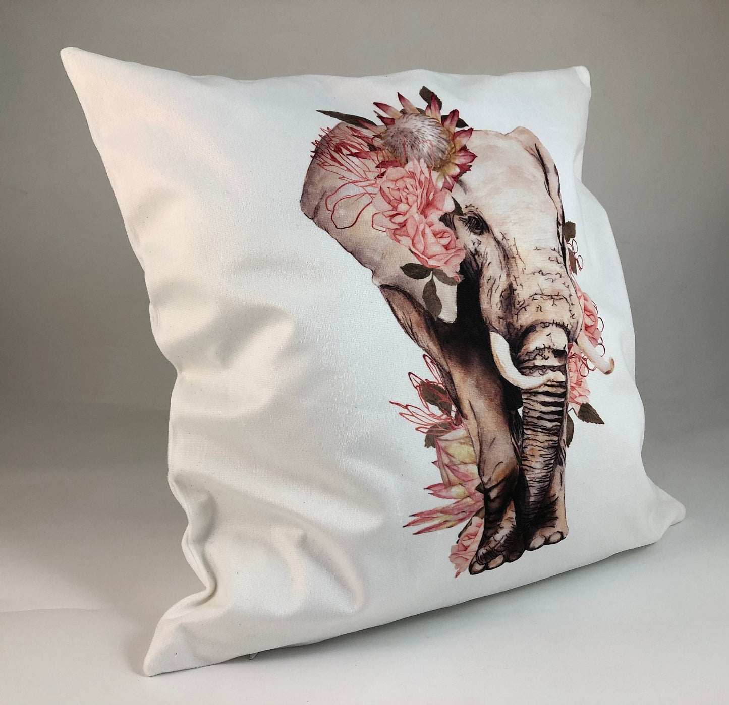 Elephant plush white deluxe scatter cushion. Soft feel plush cushion. African elephant with proteas.