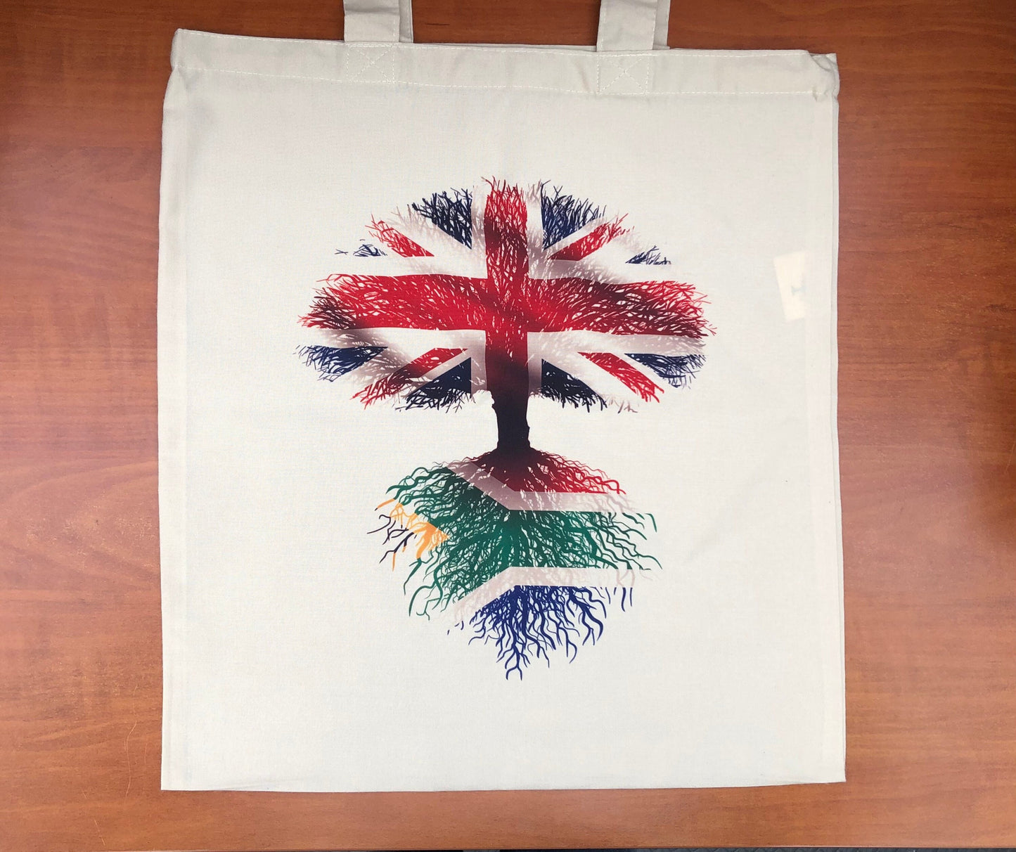 Fabric bag South African roots United Kingdom Union Jack natural fabric tote bag. Flag Art.