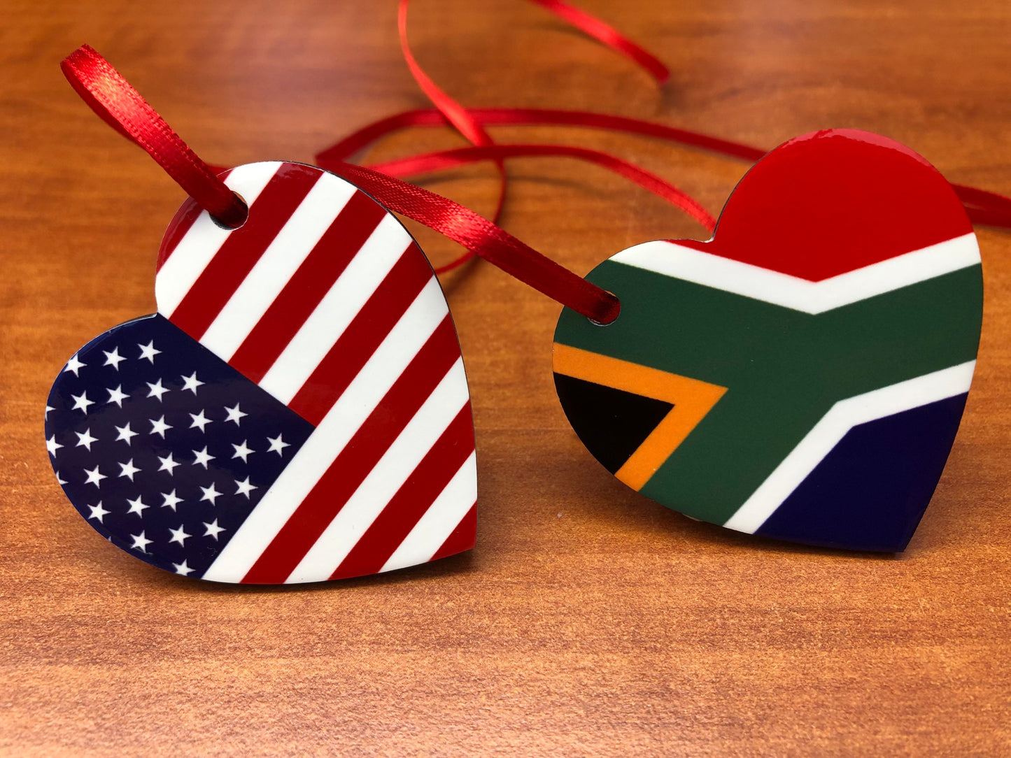 South Africa USA Heart shaped decoration hanging ornament bright and colourful South African and the United States flags