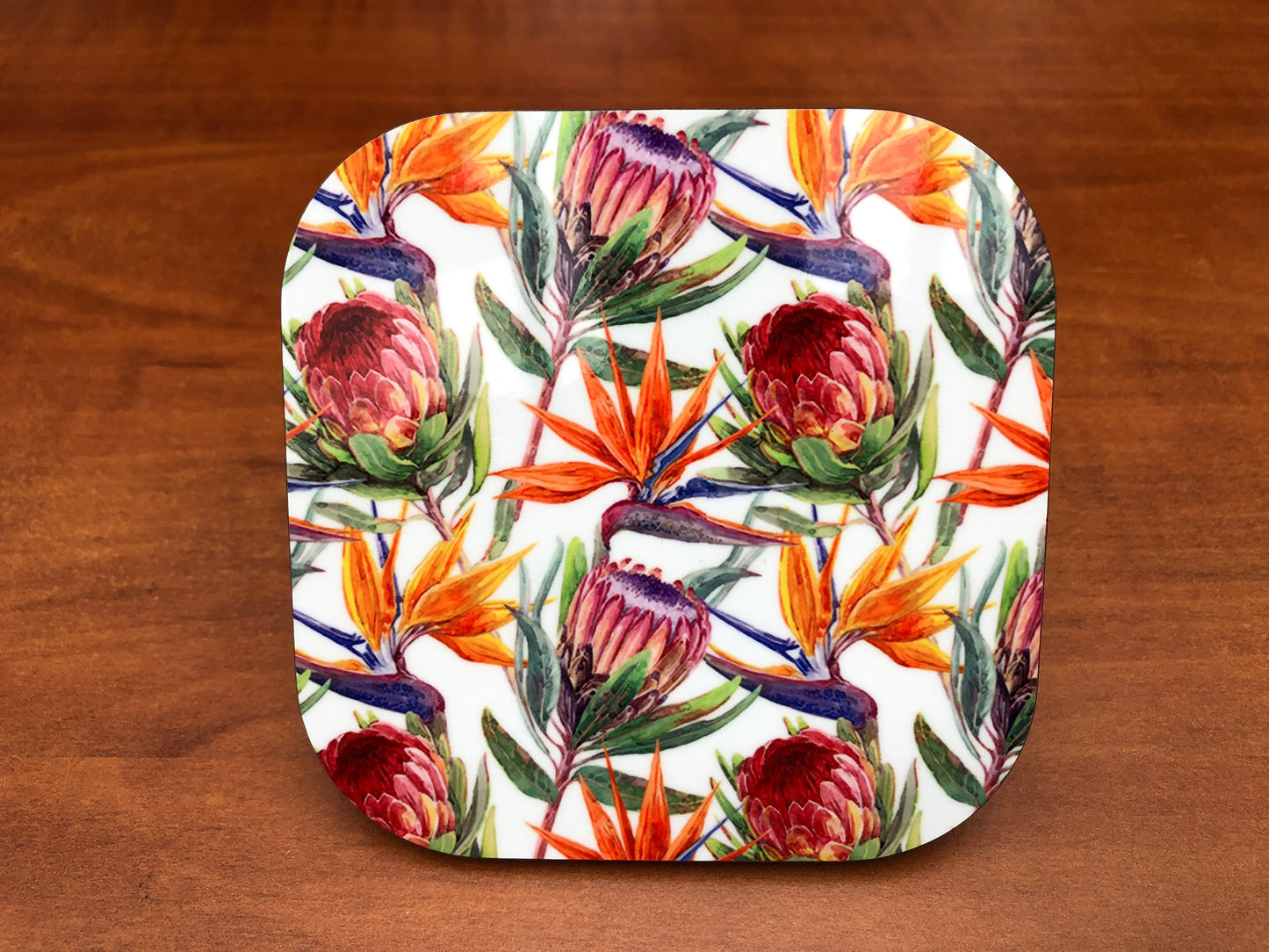 Protea and Strelitzia coaster. ( 9x9cm ) See matching mug.