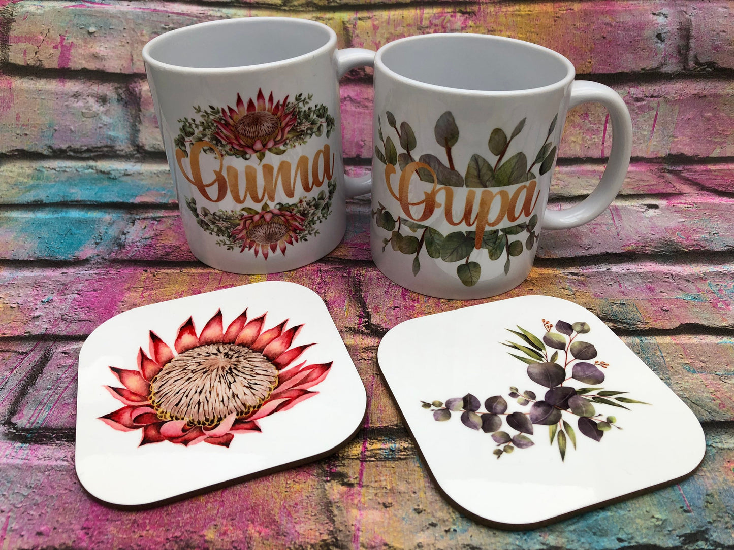 Ouma and Oupa mugs with matching coasters