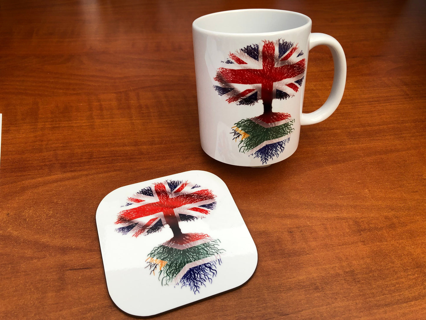 South African Flag/Union Jack tree roots Heritage design British Grown with South African Roots mug and coaster set. Flag Art.