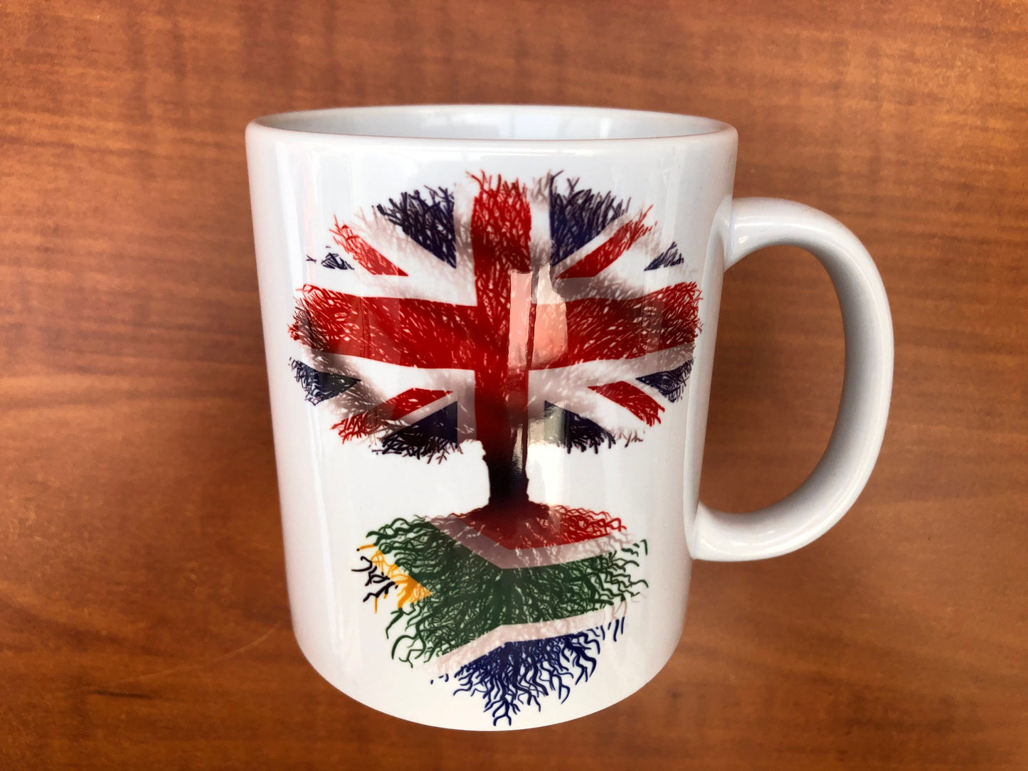 South African Flag/Union Jack tree roots Heritage design British Grown with South African Roots mug and coaster set. Flag Art.