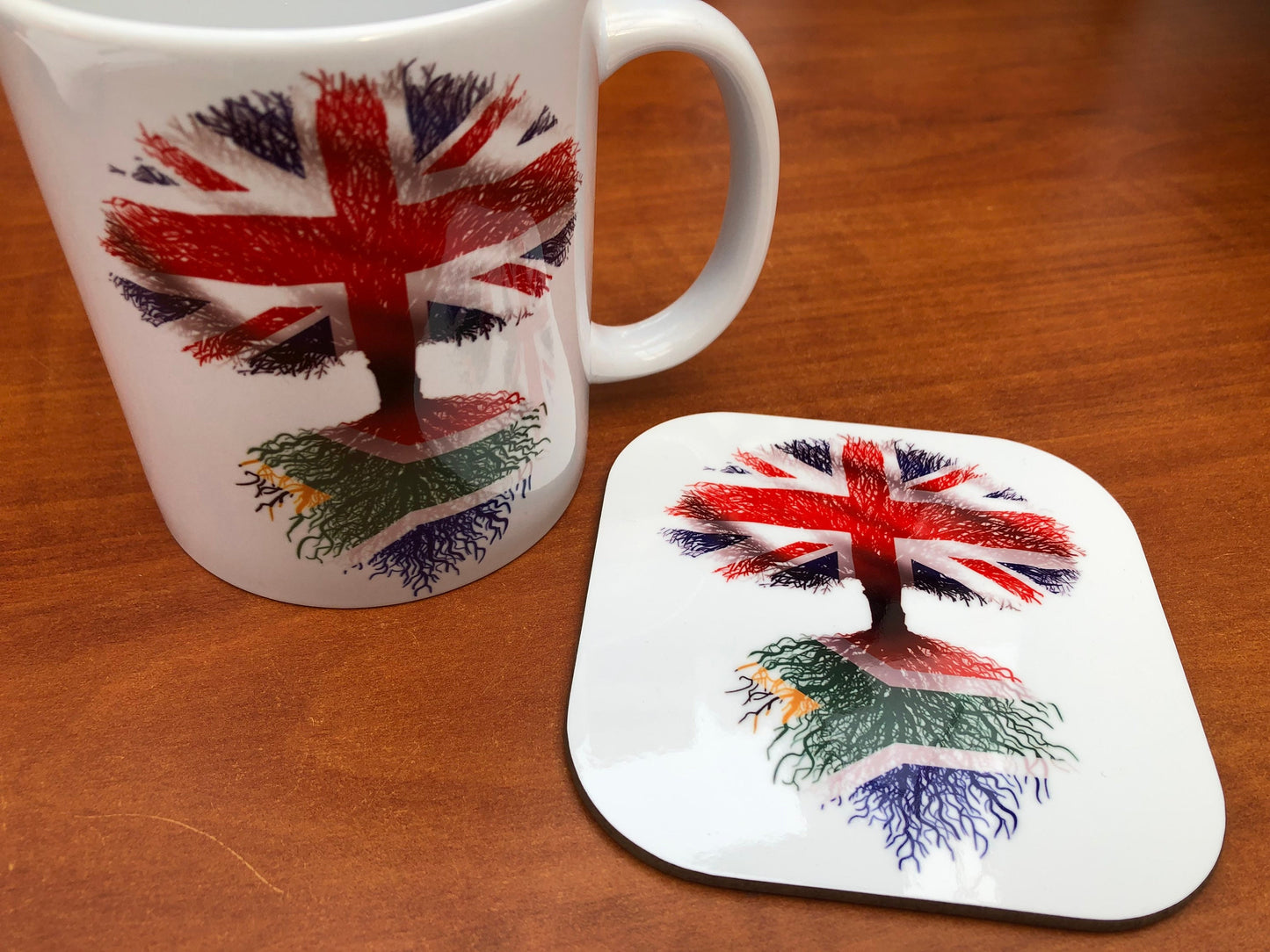 South African Flag/Union Jack tree roots Heritage design British Grown with South African Roots mug and coaster set. Flag Art.