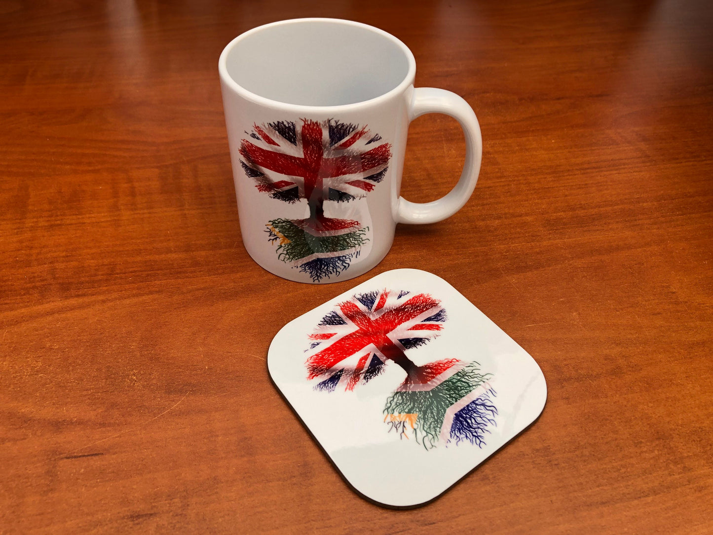 South African Flag/Union Jack tree roots Heritage design British Grown with South African Roots mug and coaster set. Flag Art.